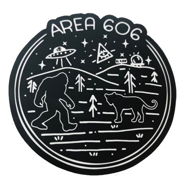 Black area 606 eastern kentucky conspiracy sticker. Images of bigfoot, aliens, black panther, area code 606, and black mountain.