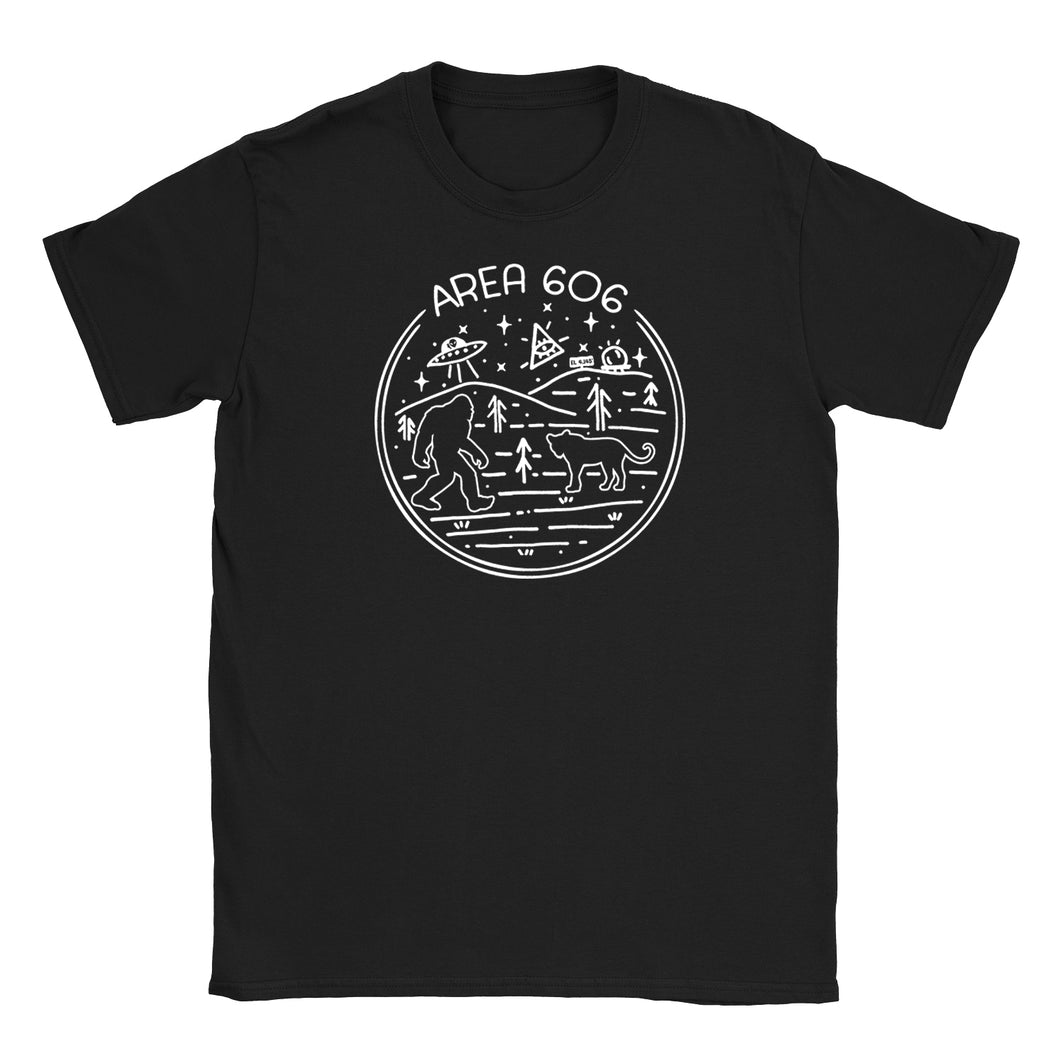 Black area 606 eastern kentucky conspiracy shirt. Images of bigfoot, aliens, black panther, area code 606, and black mountain.