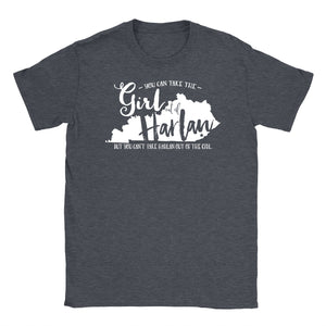 Standard crew cut shirt in dark grey heather with the shape of Kentucky printed on the front and the words You can take the girl out of harlan but you can't take harlan out of the girl.