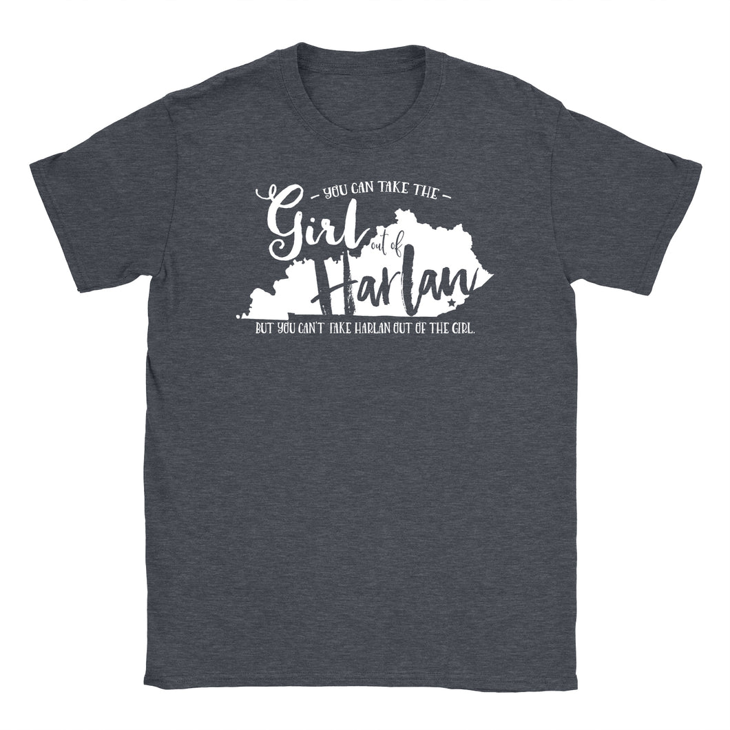 Standard crew cut shirt in dark grey heather with the shape of Kentucky printed on the front and the words You can take the girl out of harlan but you can't take harlan out of the girl.