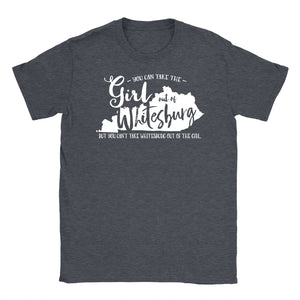 Standard crew cut shirt in dark grey heather with the shape of Kentucky printed on the front and the words You can take the girl out of Whitesburg but you can't take Whitesburg out of the girl.