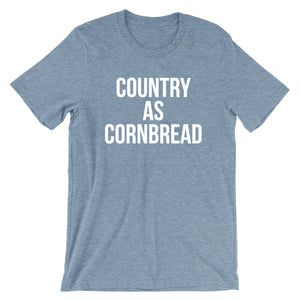 slate blue heather tee with vintage distressed print with the words Country As Cornbread.