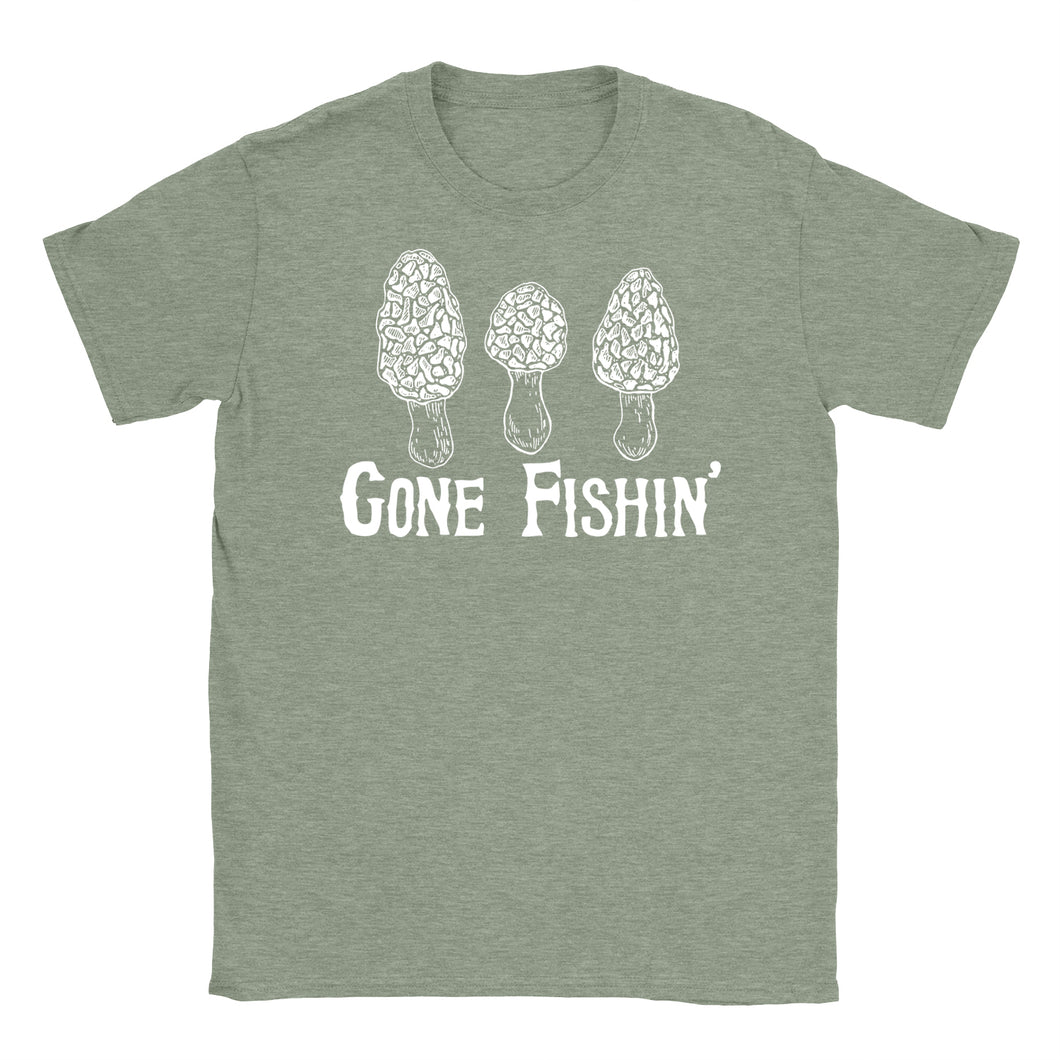 Standard crew cut shirt in military green heather with images of Morels and the words Gone Fishin printed on the front.
