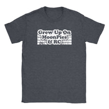 Standard crew cut shirt in dark grey heather printed with the words Grew up on Moonpies and RC.