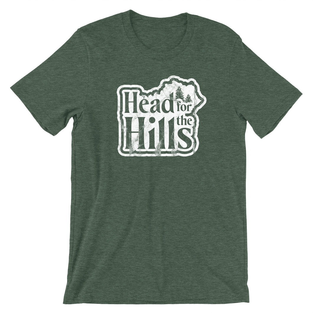 Forest green heather tee with vintage distressed print with the words Head for the Hills.