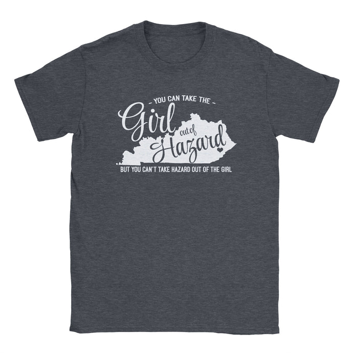 Standard crew cut shirt in dark grey heather with the shape of Kentucky printed on the front and the words You can take the girl out of hazard but you can't take hazard out of the girl.