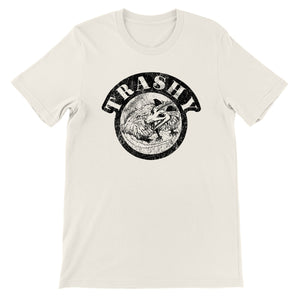 Natural tee with vintage distressed print with the words Trashy and an image of an opossum.