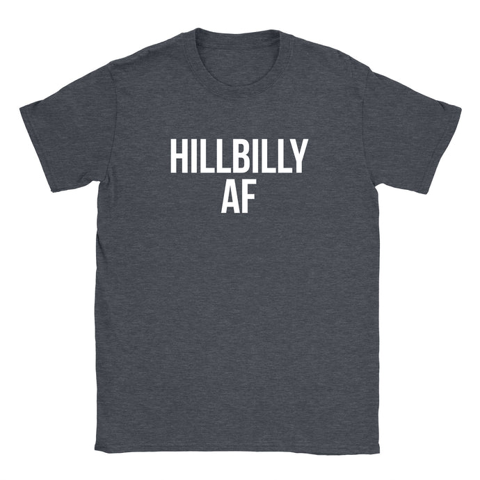 Standard crew cut shirt in dark grey heather printed with the words Hillbilly AF.