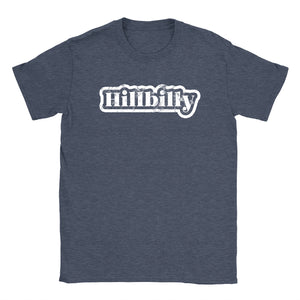 Standard crew cut shirt in navy heather printed with the words Hillbilly.