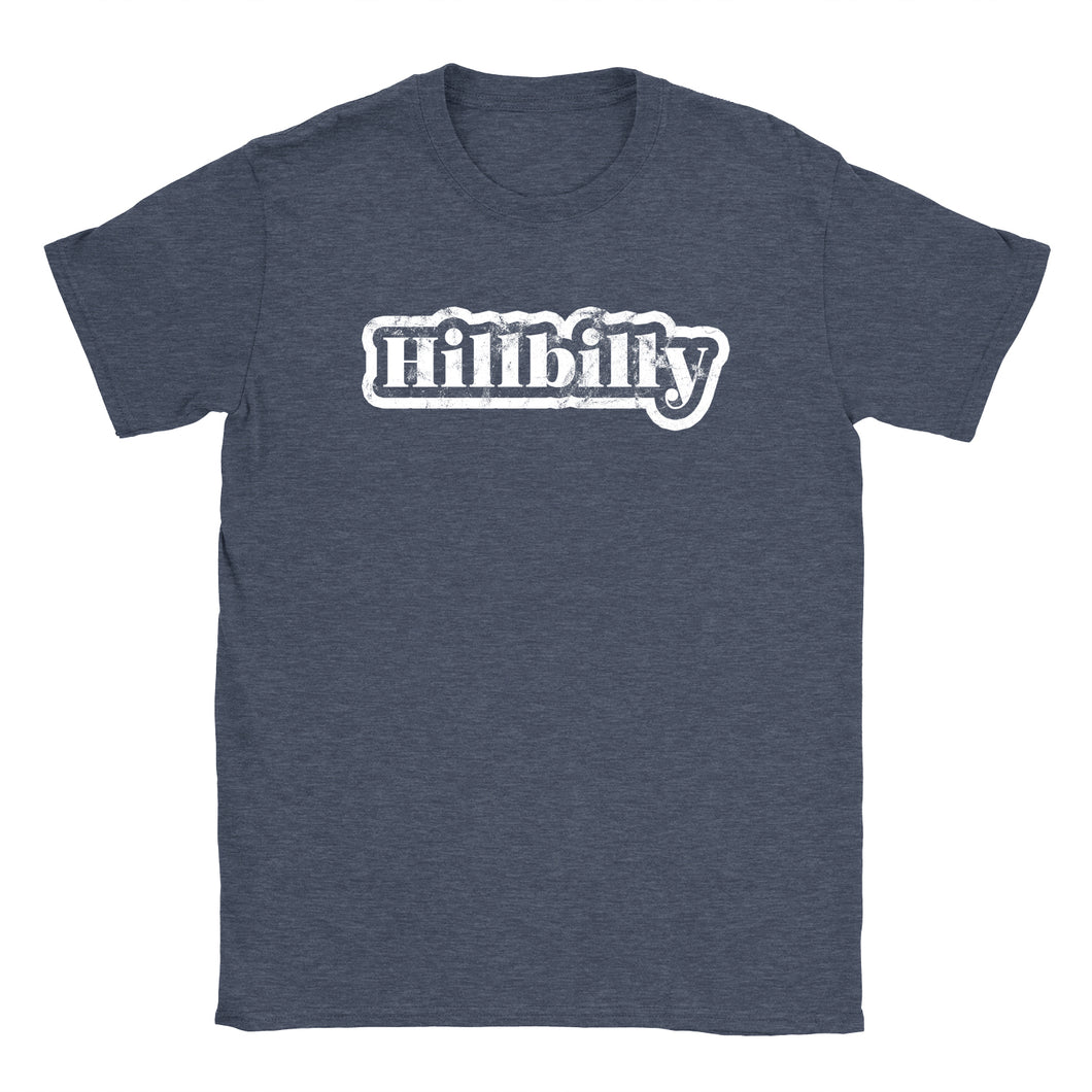 Standard crew cut shirt in navy heather printed with the words Hillbilly.