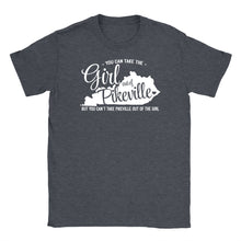 Standard crew cut shirt in dark grey heather with the shape of Kentucky printed on the front and the words You can take the girl out of Pikeville but you can't take Pikeville out of the girl.