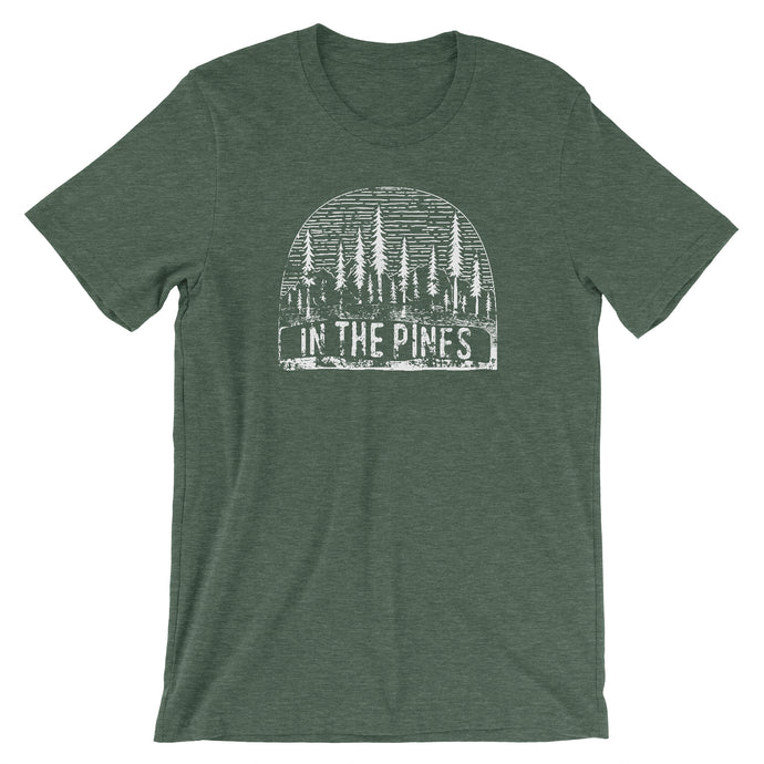 Forest heather tee with vintage distressed print with the words In the Pines.