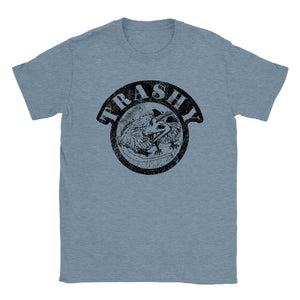Indigo Heather blue shirt with the words Trashy and an image of an opossum printed on it.