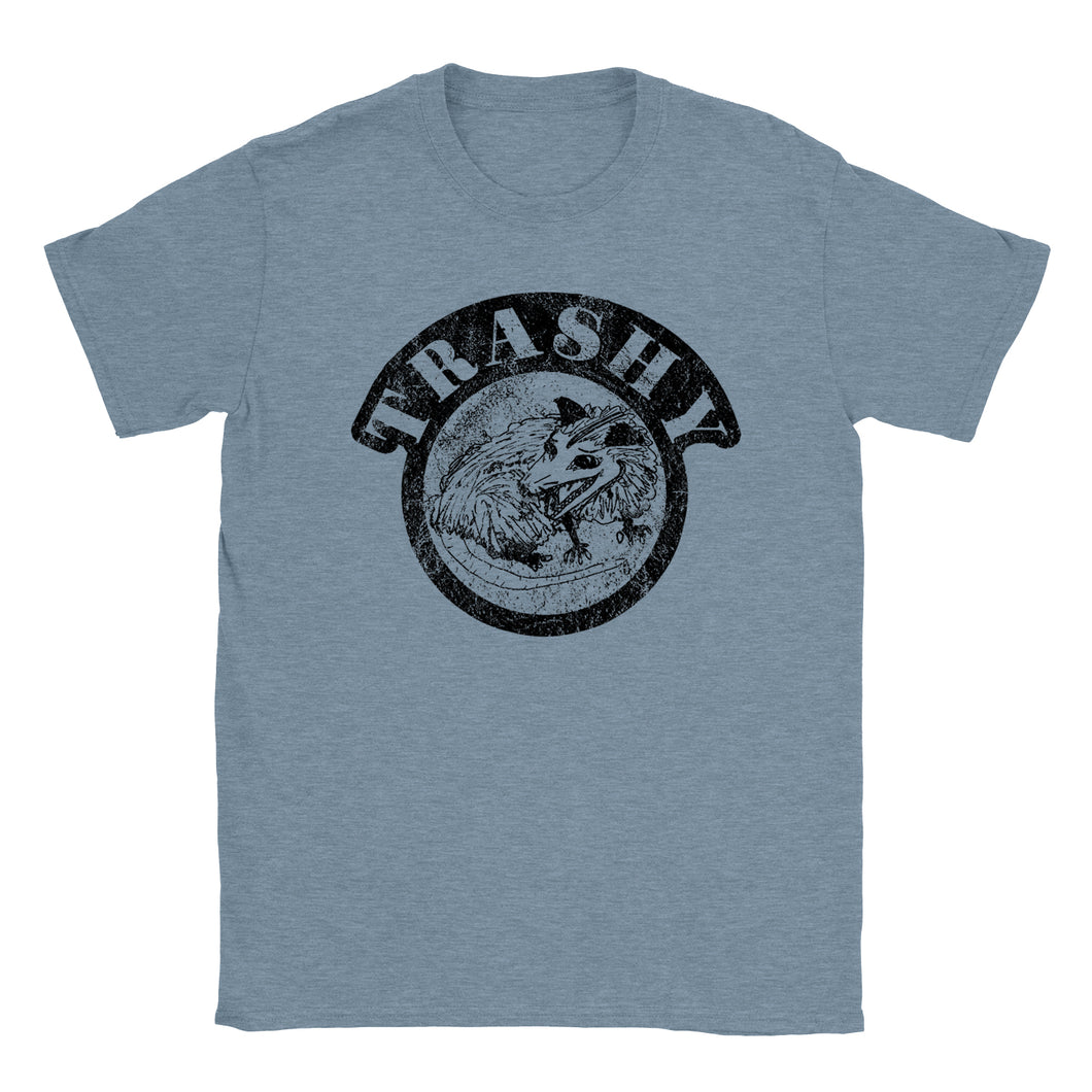 Indigo Heather blue shirt with the words Trashy and an image of an opossum printed on it.