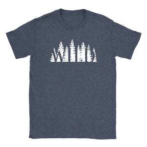 Standard crew cut shirt in navy heather printed with the words WILD.