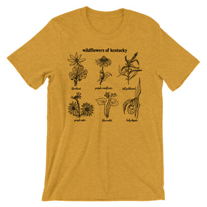 mustard heather tee with vintage distressed print with images of Kentucky wild flowers