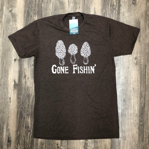 Standard crew cut shirt in military green heather with images of Morels and the words Gone Fishin printed on the front. Displayed on hardwood floor.