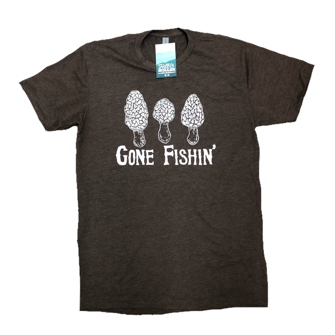 Standard crew cut shirt in military green heather with images of Morels and the words Gone Fishin printed on the front.