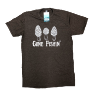 Standard crew cut shirt in military green heather with images of Morels and the words Gone Fishin printed on the front.